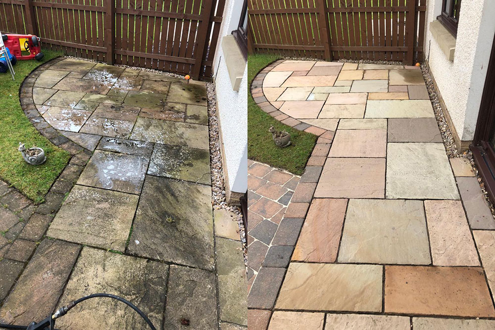 Tile patio cleaning before and after pressure washing